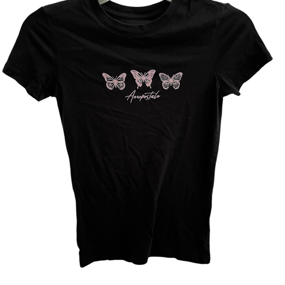 Aeropostale Black T-Shirt with Pink/Lavender  Butterfly Design Short Sleeve XS